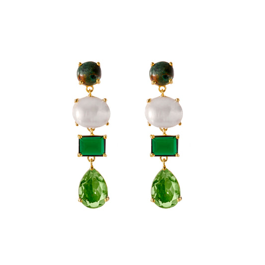 18kt 925 Sterling Silver Earrings, Green Chrysocolla, Pearl, Green Tourmaline, Green Quartz
