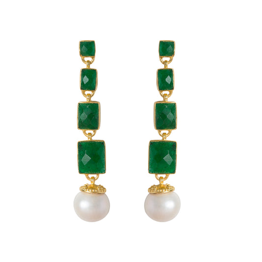 Long Drop Green Onyx and Pearl 18kt Gold Plated Earrings 925 sterling silver