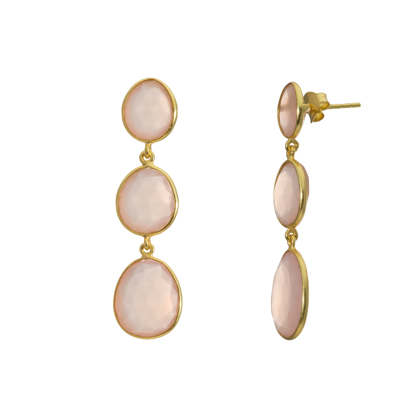 New Triple Gemstone Pink Chalcedony Drop Earrings