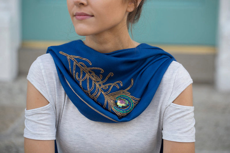 Angel Michael Golden Feather Blue Wrap Scarf for Protection, Strength & Courage