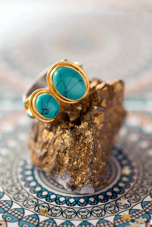Two tone 925 Silver & Gold Turquoise Double Ring for Luck, Protection & Health