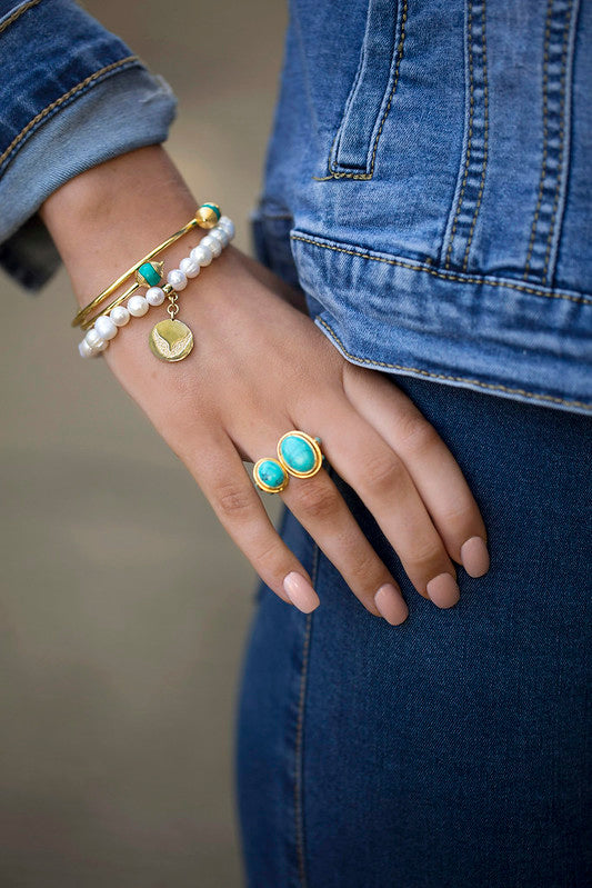 Two tone 925 Silver & Gold Turquoise Double Ring for Luck, Protection & Health