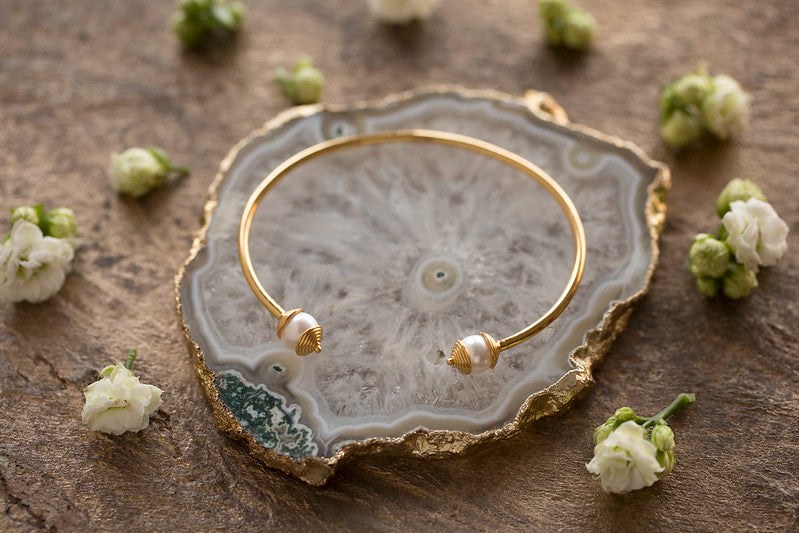 925 Silver Freshwater Pearl and Gold Bangle for Purity, Harmony & Humility