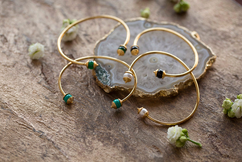 925 Silver Green Onyx and Gold Bangle for Luck, Protection & Health