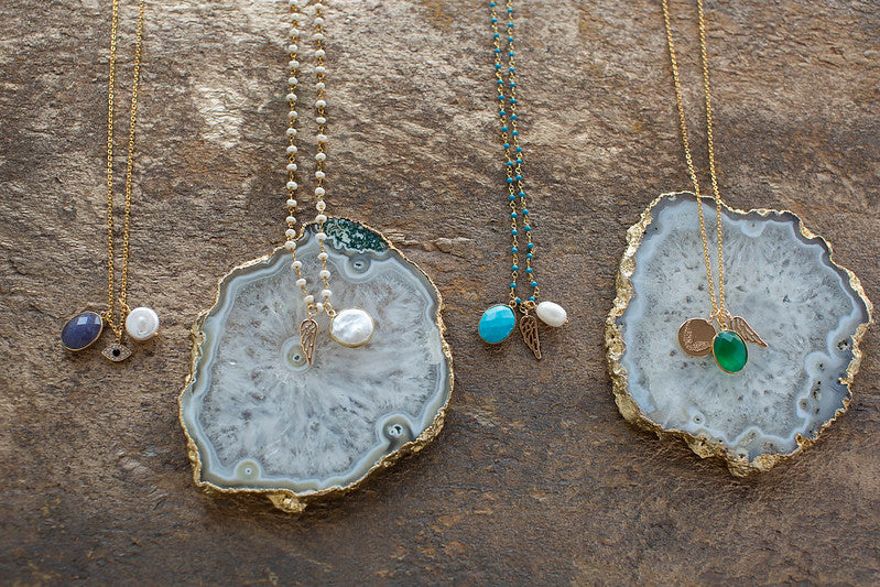 Pearl & Green Onyx Necklace With Wing Charm for Healing & Peacefulness