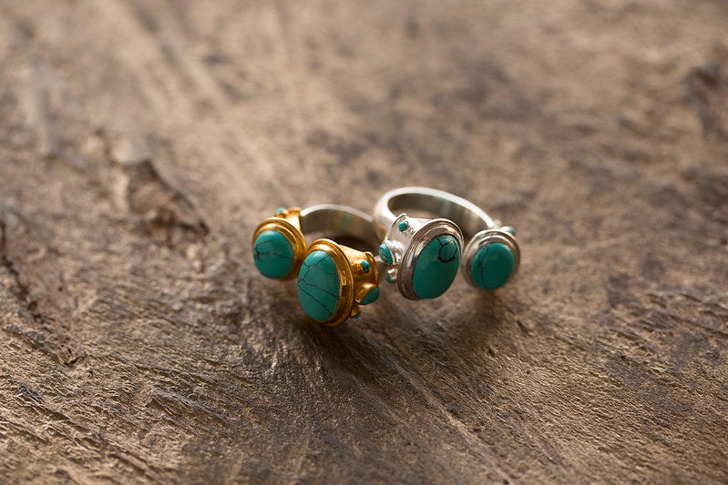 925 Silver Turquoise & Silver Double Ring for Luck, Protection & Health
