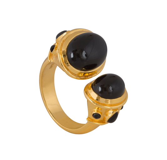 925 Silver Black Onyx and 22kt Gold vermeil  ring representing protection strength and power