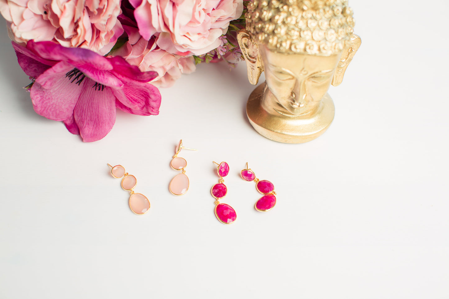 New Triple Gemstone Pink Chalcedony Drop Earrings