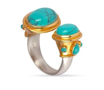 Turquoise, Gold & Silver Double Ring for Luck, Protection & Health