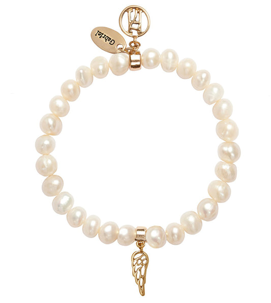 Angel Gabriel Freshwater Pearl Bracelet With Wing Charm. For Communication, Family & Creativity
