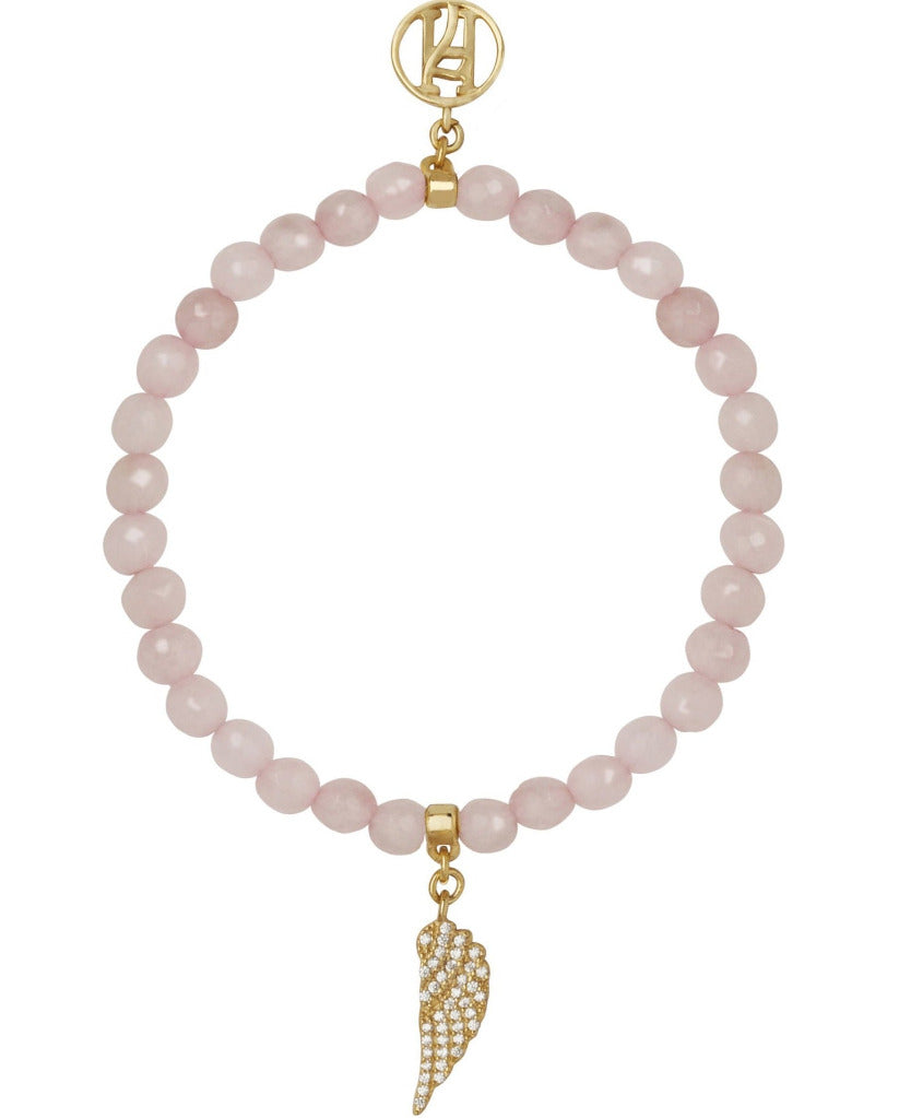 Angel Chamuel Celestial Rose Quartz Bracelet diamante with 18kt Gold Plated on Brass wing charm for Love, Passion & Relationships