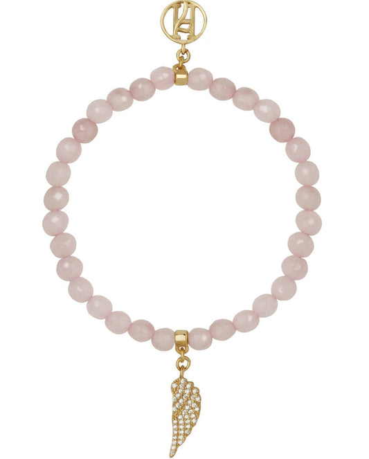 Angel Chamuel Celestial Rose Quartz Bracelet diamante with 18kt Gold Plated on Brass wing charm for Love, Passion & Relationships
