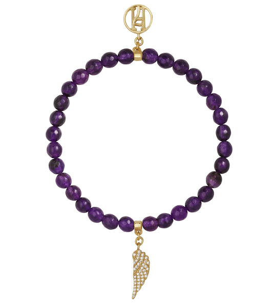 Angel Zadkiel Celestial Purple Amethyst with diamante 925 Sterling Silver, 18kt Gold Plating wing charm bracelet for Motivation, Trust & Clarity