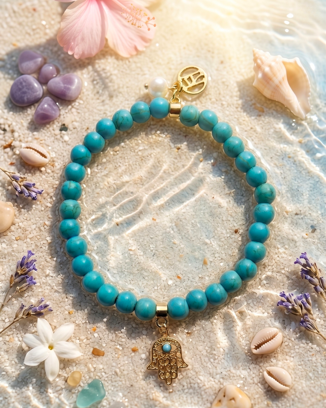 "Little Heaven" Children's Turquoise Beaded Bracelet With Hamsa Hand Charm
