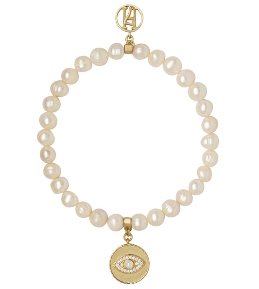 Angel Gabriel Freshwater Pearl Bracelet with diamante 925 Sterling Silver, 18kt Gold Plating Third eye charm For Communication, Family & Creativity